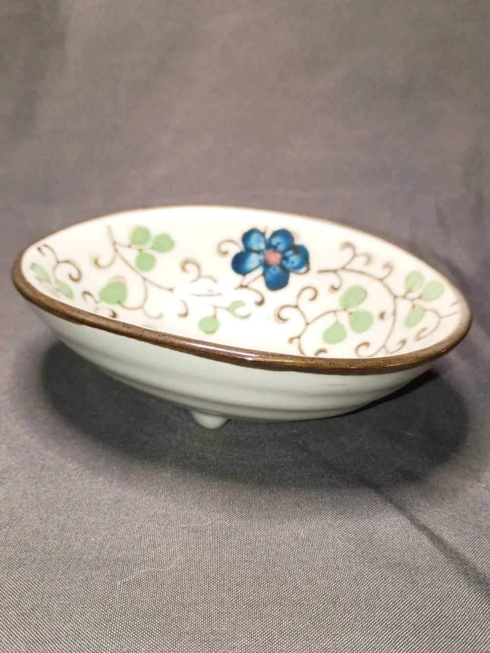 Hand-Painted Floral Ceramic Trinket Dish - Blue & Green